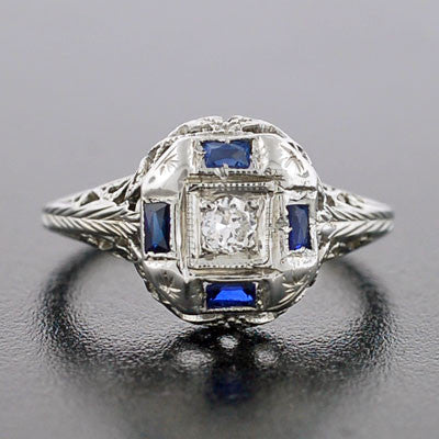 Art Deco 18kt Diamond & Sapphire Engage Ring .10ct