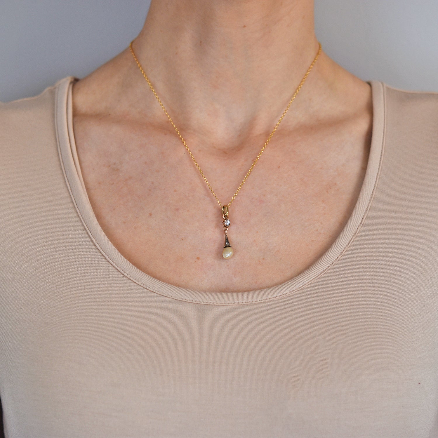 Victorian 14kt Rose Cut Diamond + Natural Pearl Pendant