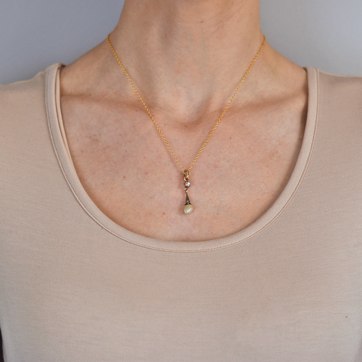 Victorian 14kt Rose Cut Diamond + Natural Pearl Pendant