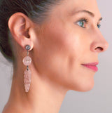 Art Deco Chinese Sterling Carved Rose Quartz + Rock Quartz Crystal Earrings