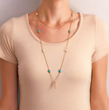 Victorian Long 14kt Turquoise + Mississippi River Pearl Chain Necklace 48"