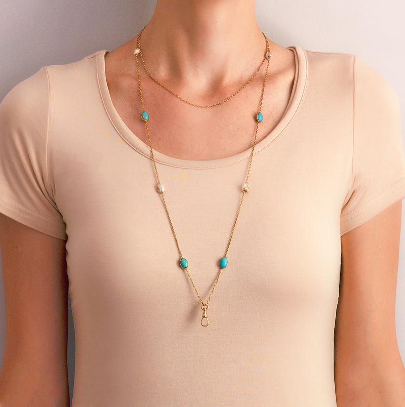 Victorian Long 14kt Turquoise + Mississippi River Pearl Chain Necklace 48"