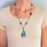 Art Deco Chinese Beaded Turquoise + Carved Pendant Necklace with Original Cord