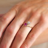 Edwardian 14kt/Platinum "Moi et Toi" Diamond + Pink Sapphire Bypass Ring