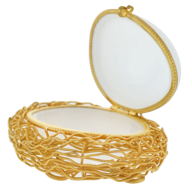 Victorian French Brass Gilt + White Satin Opaline Glass "Egg in Nest" Box