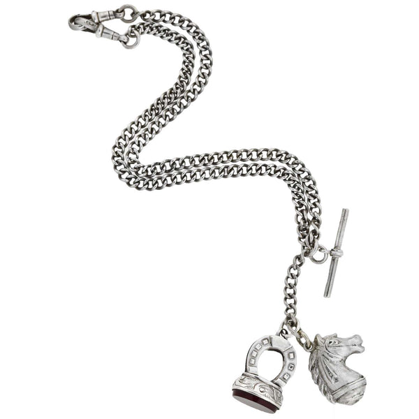 Victorian Sterling Watch Chain + Carnelian Intaglio and Figural Horse Fob Necklace 15.5"