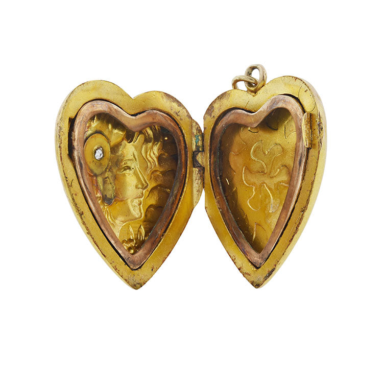Art Nouveau 14kt Gold Diamond + Repousse Heart Locket