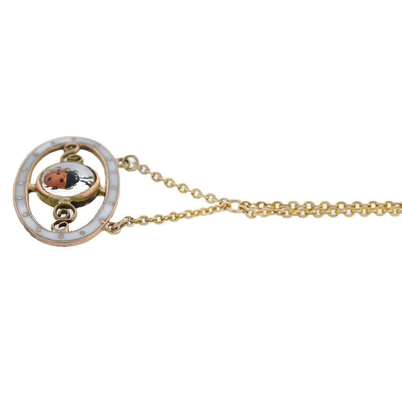 Victorian 9kt Essex Crystal + Enameled Ladybug Pendant Necklace 17.5"