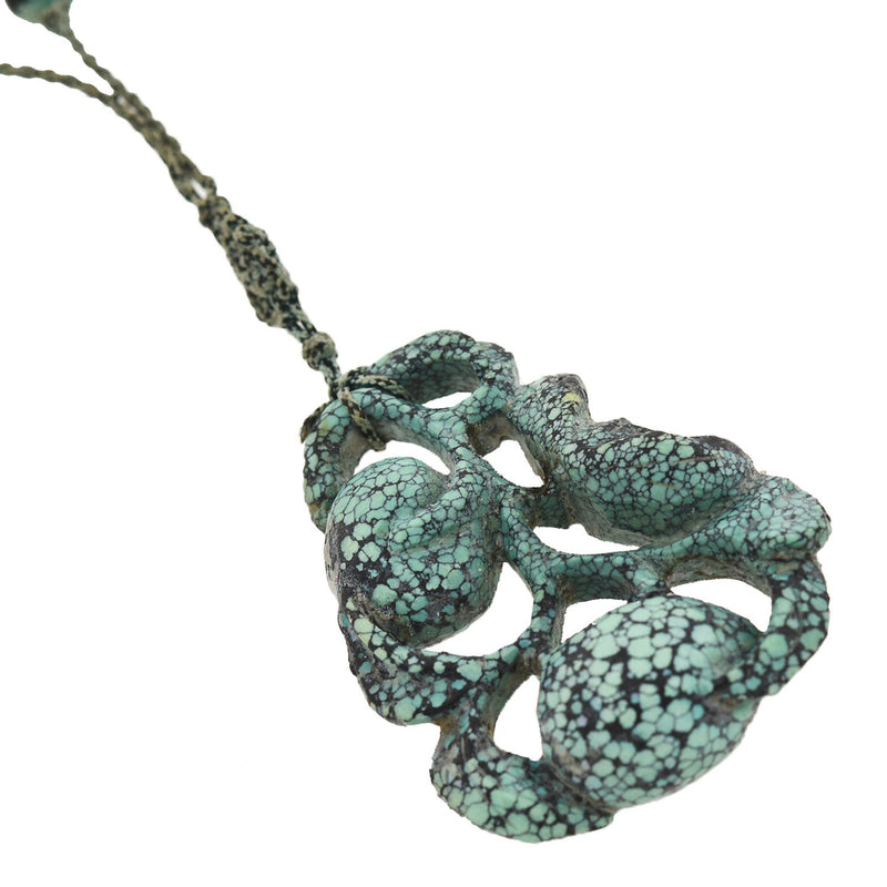 Art Deco Chinese Beaded Turquoise + Carved Pendant Necklace with Original Cord