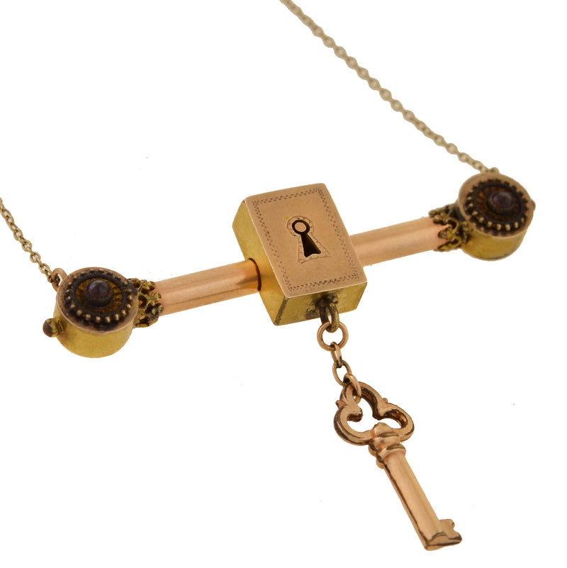 Victorian Gold-Filled Garnet Padlock + Key Necklace 16"