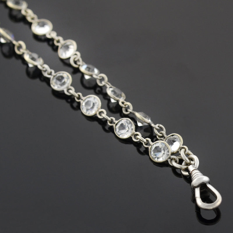 Art Deco Silver + French Paste Chain Necklace 62"