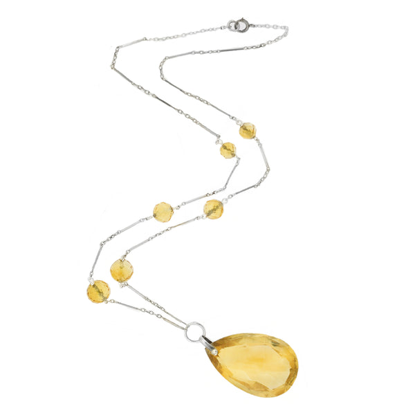 Art Deco Sterling Large Citrine Drop + Bead Necklace