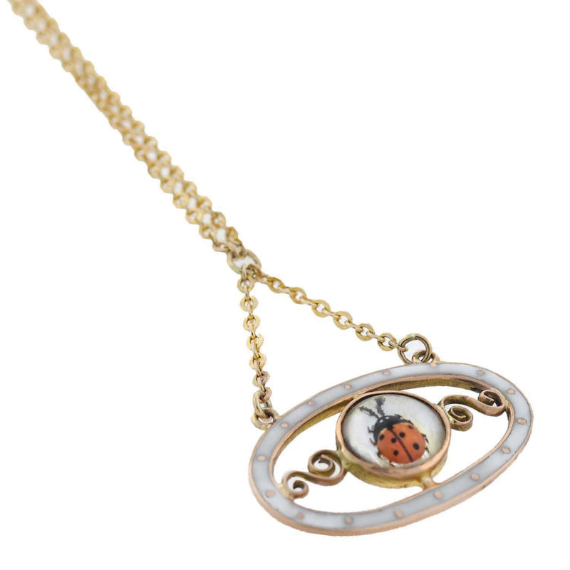 Victorian 9kt Essex Crystal + Enameled Ladybug Pendant Necklace 17.5"