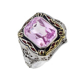 Art Deco 14kt Pink Sapphire + Enameled Filigree Ring
