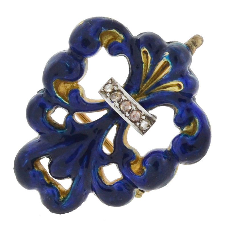 Victorian 14kt Blue Enameled Diamond "Fleur-de-Lys" Watch Pin