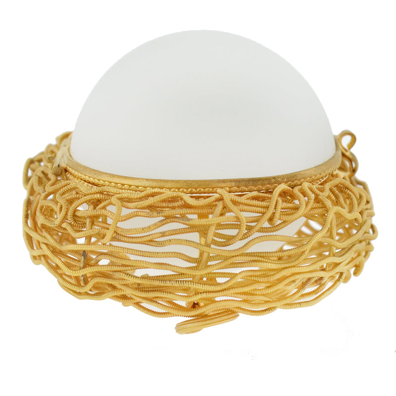 Victorian French Brass Gilt + White Satin Opaline Glass "Egg in Nest" Box
