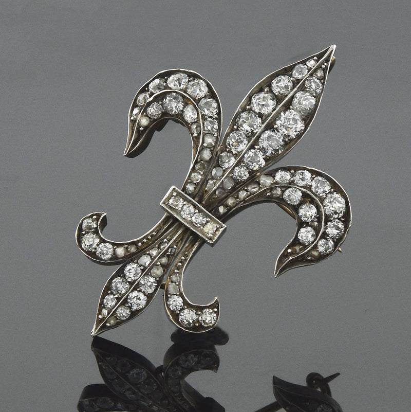Victorian Russian Large Sterling/18kt Diamond Fleur De Lys Pin/Pendant 2.20ctw