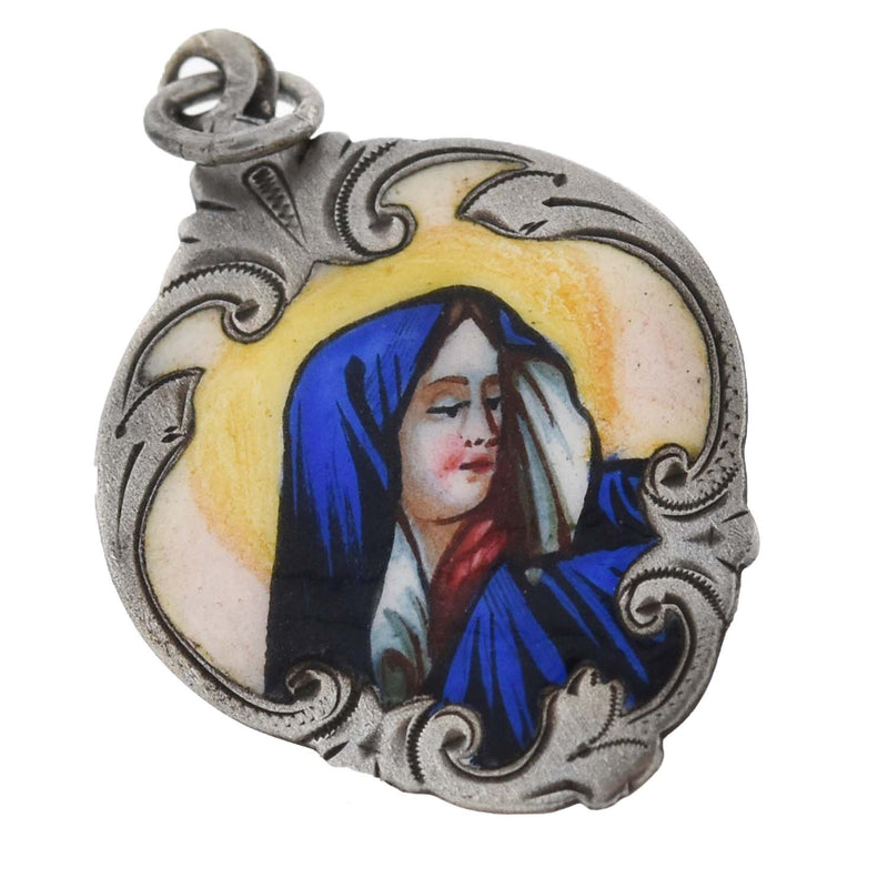 Victorian Sterling Hand Painted Enamel Virgin Mary Pendant