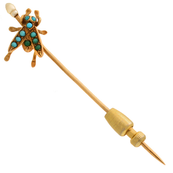 Victorian 14kt Turquoise + Pearl "Fly" Stick Pin