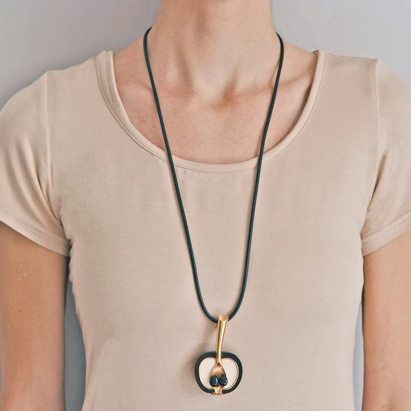 Vintage Large 18kt Ivory, Wood + Onyx Apple Pendant Necklace 30"
