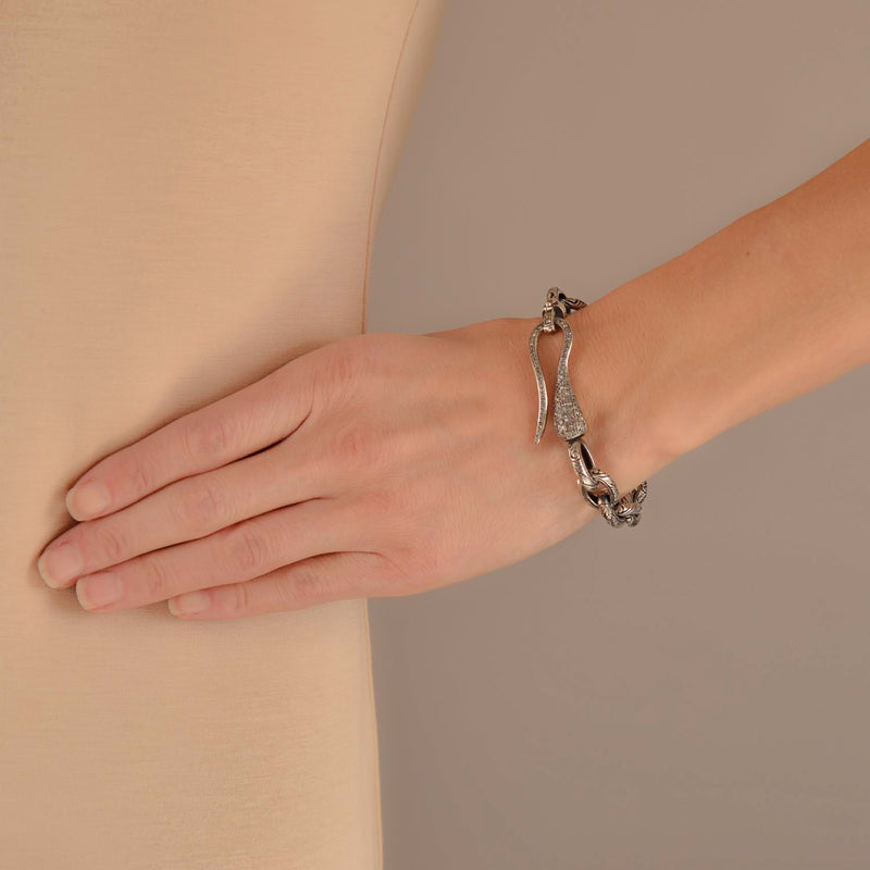 Estate Sterling Textured Link Bracelet + Diamond Hook Clasp